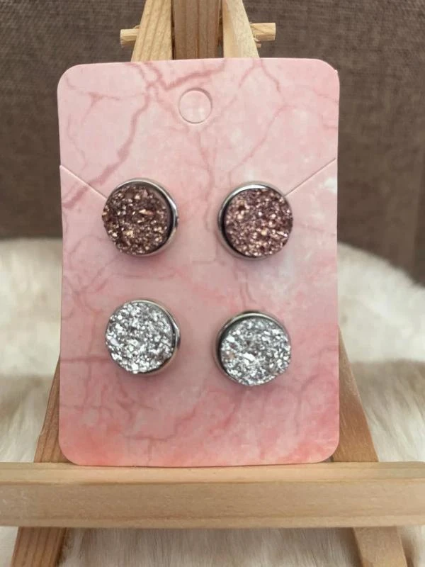 Set van 2 paar zilveren en roze druzy-oorbellen – photo 4
